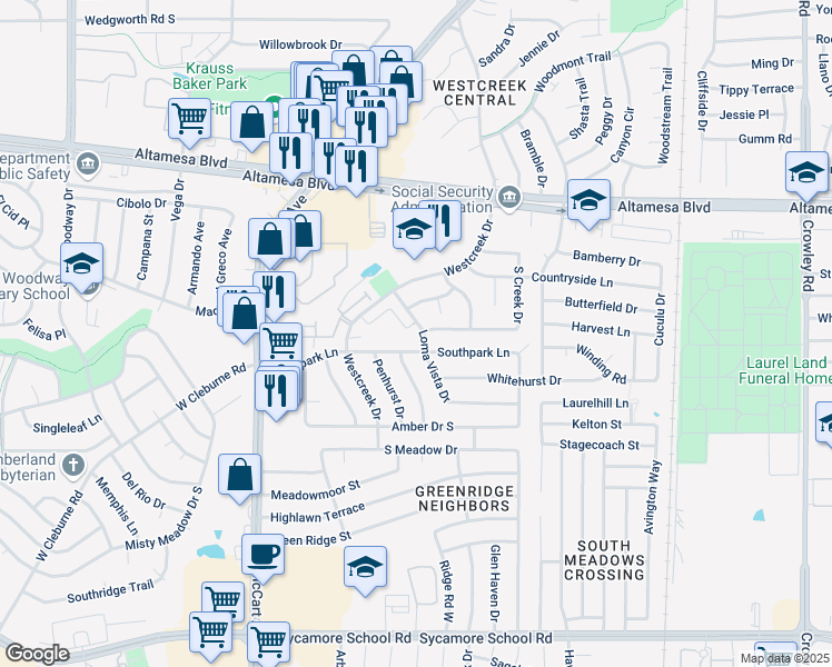map of restaurants, bars, coffee shops, grocery stores, and more near 2930 Westvista Circle in Fort Worth
