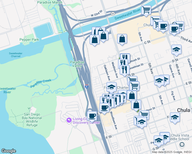 map of restaurants, bars, coffee shops, grocery stores, and more near 770 Seaside Street in Chula Vista