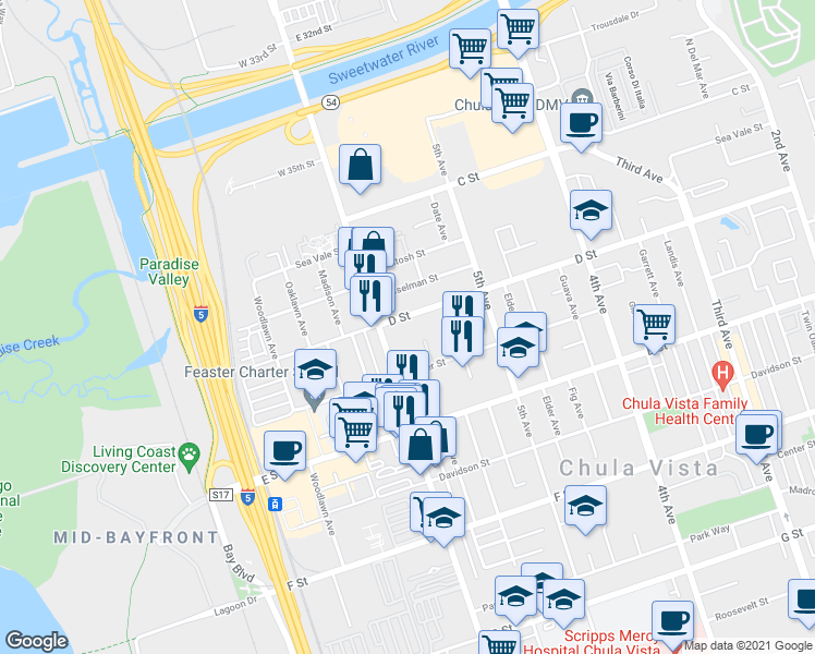map of restaurants, bars, coffee shops, grocery stores, and more near 580 D Street in Chula Vista