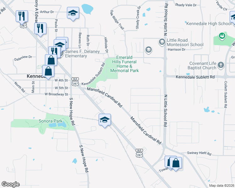 map of restaurants, bars, coffee shops, grocery stores, and more near 449 Mansfield Cardinal Road in Kennedale