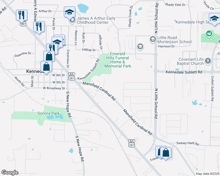 map of restaurants, bars, coffee shops, grocery stores, and more near 449 Mansfield Cardinal Road in Kennedale