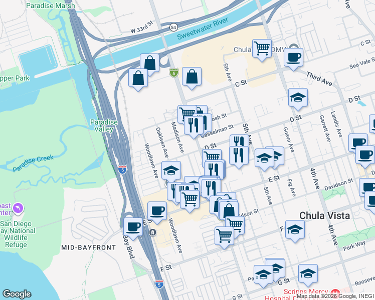 map of restaurants, bars, coffee shops, grocery stores, and more near 623 D Street in Chula Vista