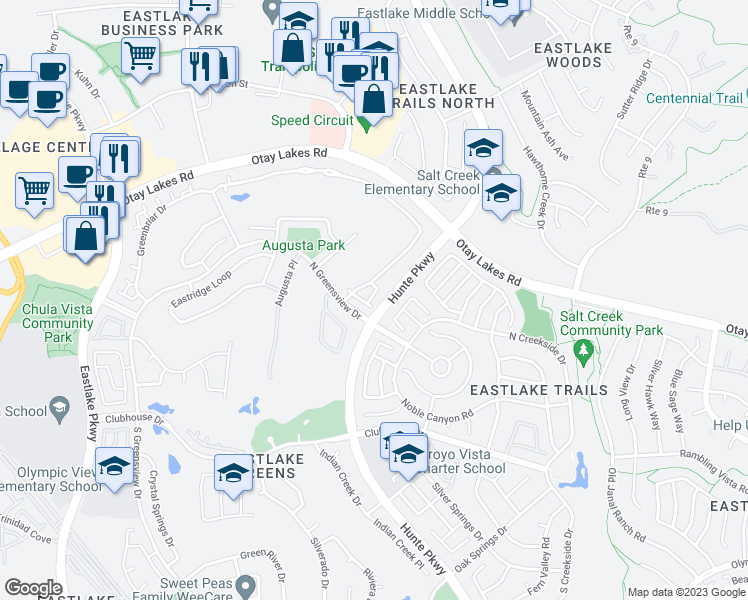map of restaurants, bars, coffee shops, grocery stores, and more near 2535 Secret Canyon Place in Chula Vista