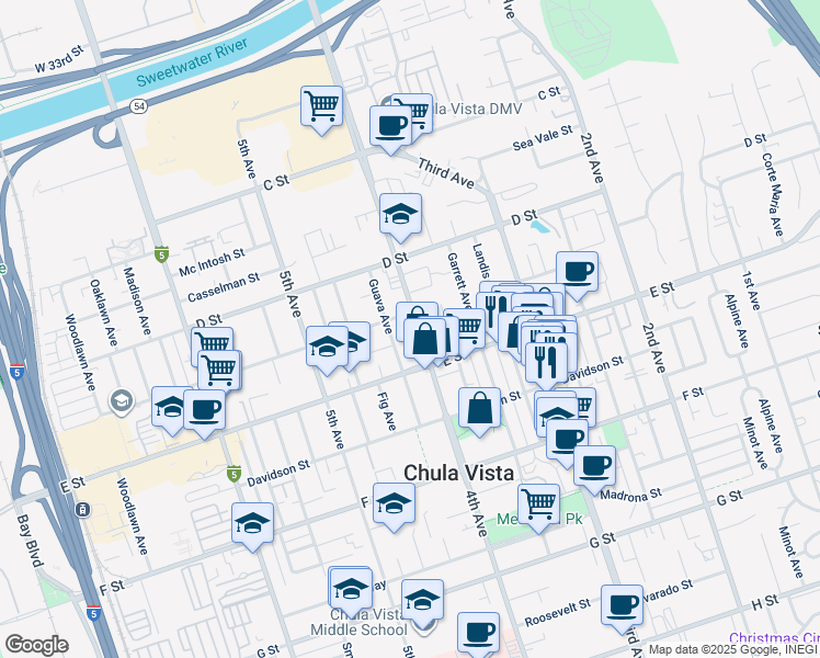 map of restaurants, bars, coffee shops, grocery stores, and more near in Chula Vista