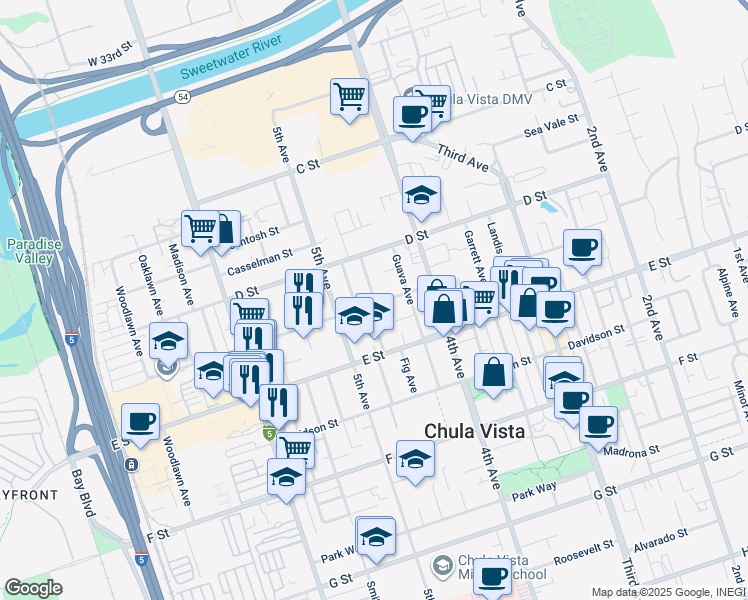 map of restaurants, bars, coffee shops, grocery stores, and more near 153 Brightwood Avenue in Chula Vista