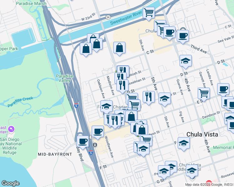 map of restaurants, bars, coffee shops, grocery stores, and more near 623 D Street in Chula Vista