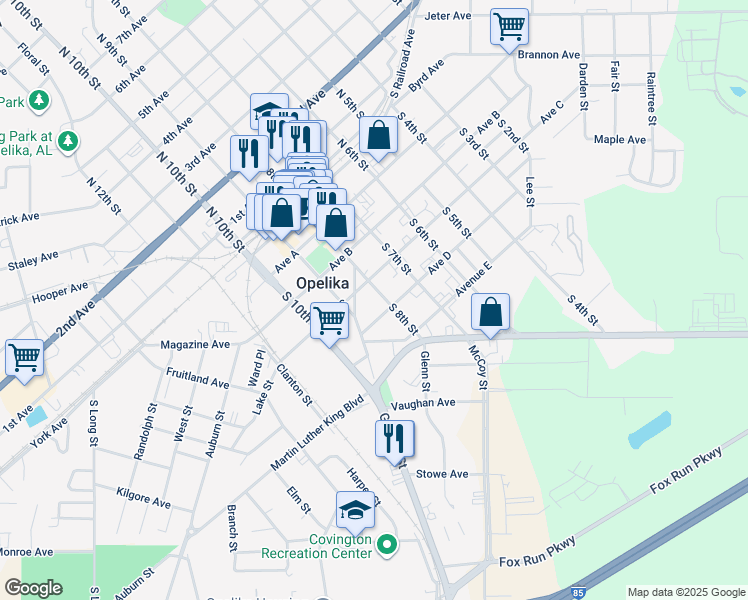 map of restaurants, bars, coffee shops, grocery stores, and more near 501 South 8th Street in Opelika