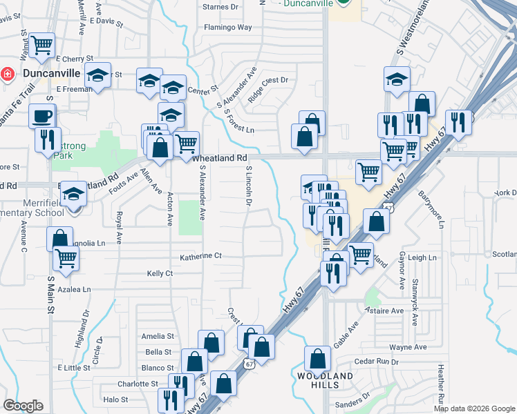map of restaurants, bars, coffee shops, grocery stores, and more near 710 Eisenhower Drive in Duncanville