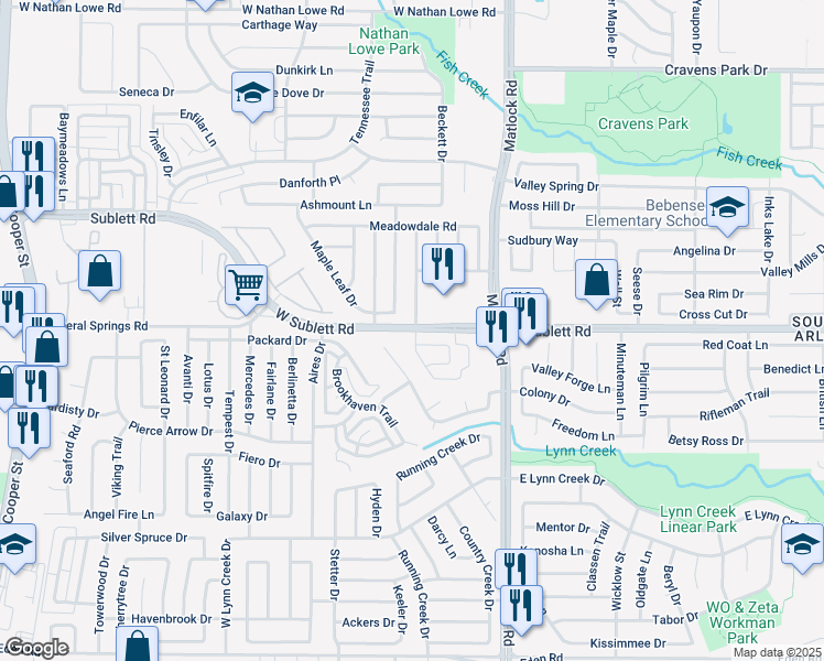 map of restaurants, bars, coffee shops, grocery stores, and more near 800 West Sublett Road in Arlington