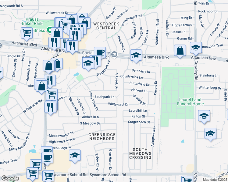 map of restaurants, bars, coffee shops, grocery stores, and more near 6815 South Creek Drive in Fort Worth