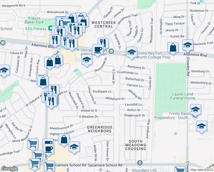 map of restaurants, bars, coffee shops, grocery stores, and more near 6815 South Creek Drive in Fort Worth