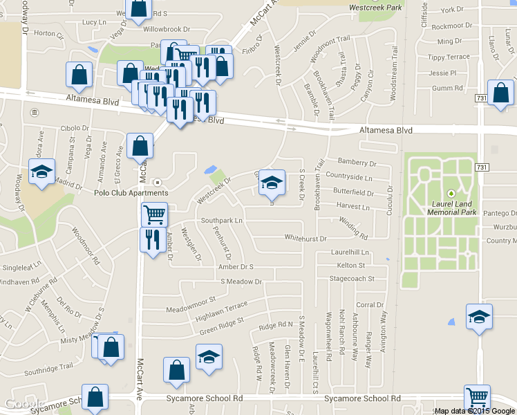 map of restaurants, bars, coffee shops, grocery stores, and more near 6845 South Creek Drive in Fort Worth