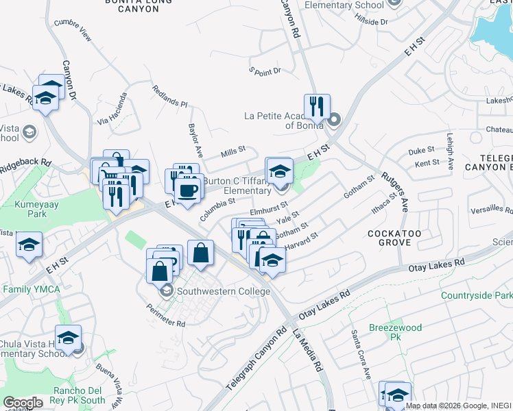 map of restaurants, bars, coffee shops, grocery stores, and more near 851 Auburn Avenue in Chula Vista