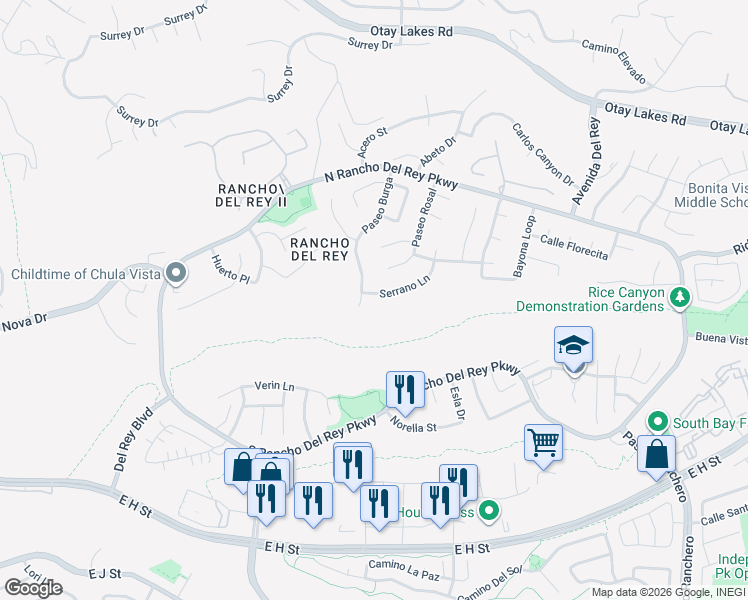 map of restaurants, bars, coffee shops, grocery stores, and more near 641 Serrano Lane in Chula Vista