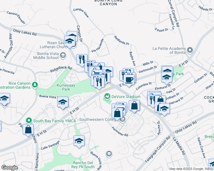 map of restaurants, bars, coffee shops, grocery stores, and more near 1495 East H Street in Chula Vista