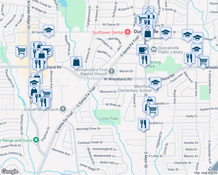 map of restaurants, bars, coffee shops, grocery stores, and more near 323 Blossom Drive in Duncanville