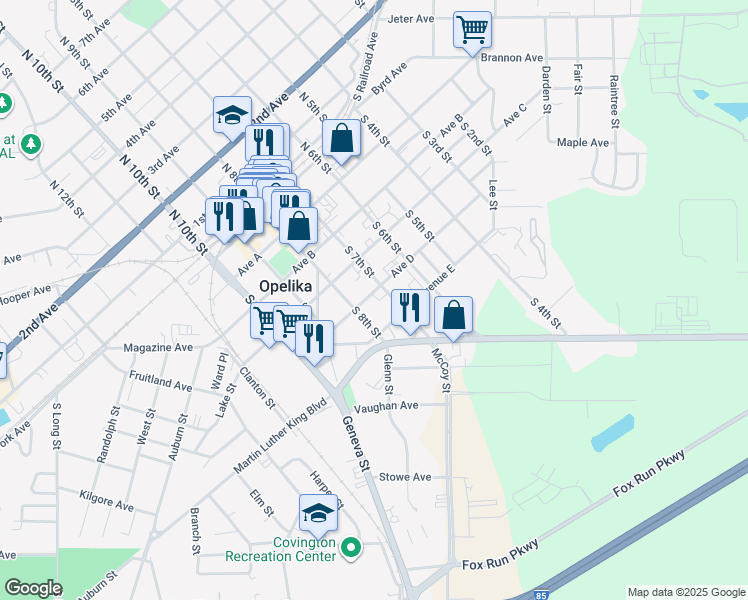 map of restaurants, bars, coffee shops, grocery stores, and more near 707 Avenue D in Opelika