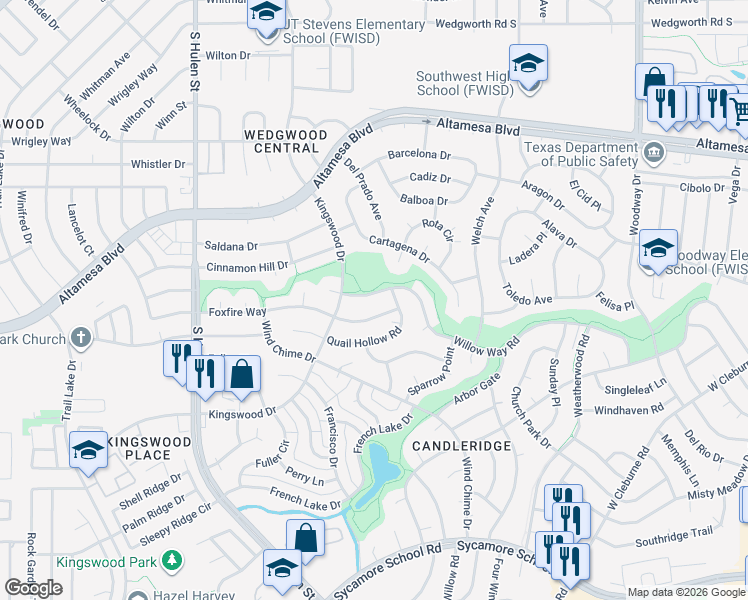 map of restaurants, bars, coffee shops, grocery stores, and more near 4400 Foxfire Way in Fort Worth