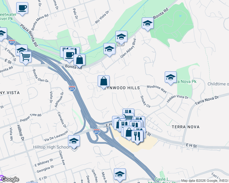 map of restaurants, bars, coffee shops, grocery stores, and more near 410 Horizon View Drive in Chula Vista