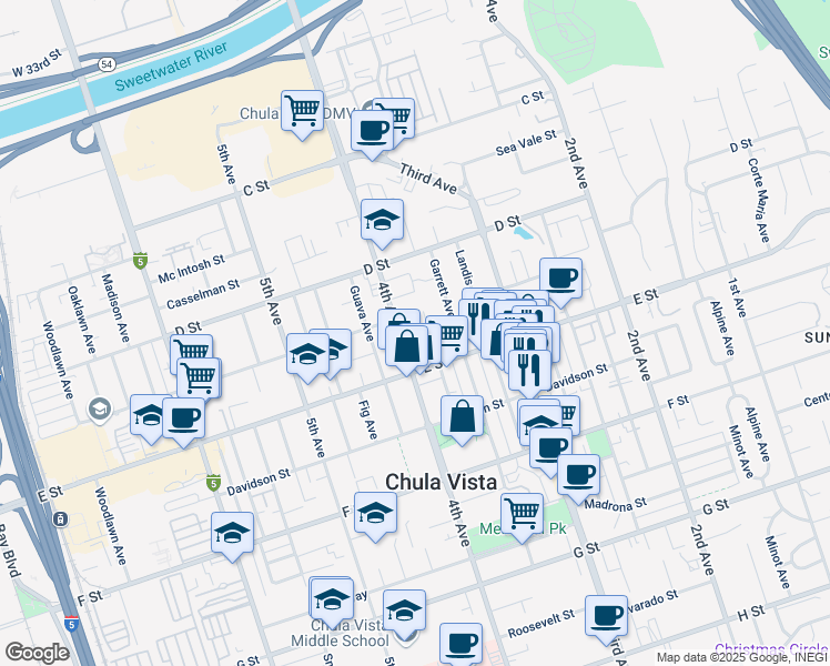 map of restaurants, bars, coffee shops, grocery stores, and more near in Chula Vista