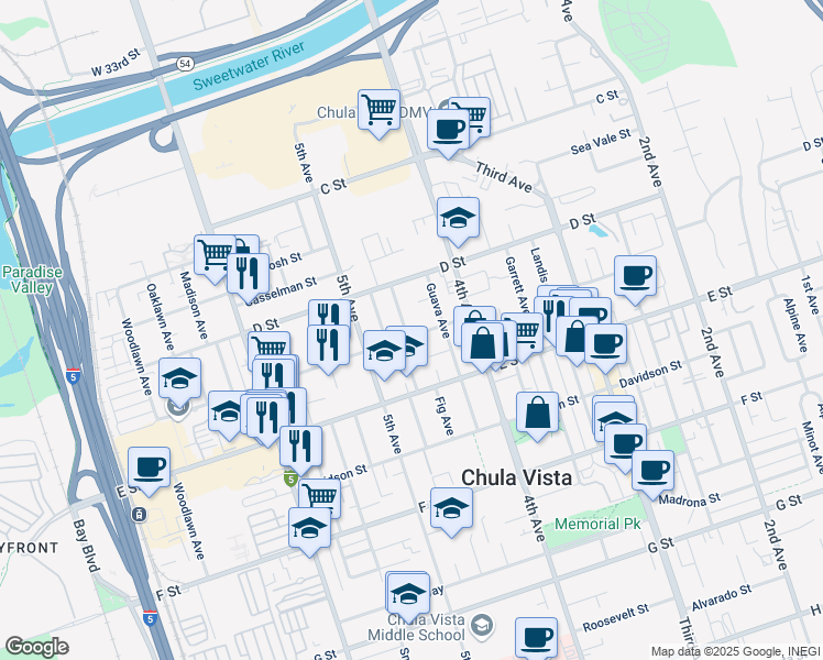 map of restaurants, bars, coffee shops, grocery stores, and more near 153 Brightwood Avenue in Chula Vista