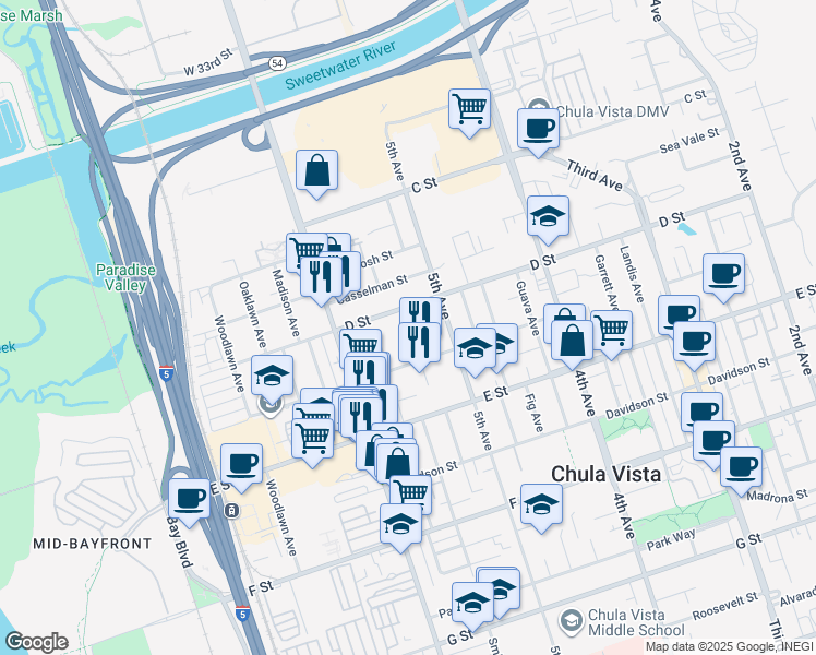 map of restaurants, bars, coffee shops, grocery stores, and more near 130 Cedar Avenue in Chula Vista