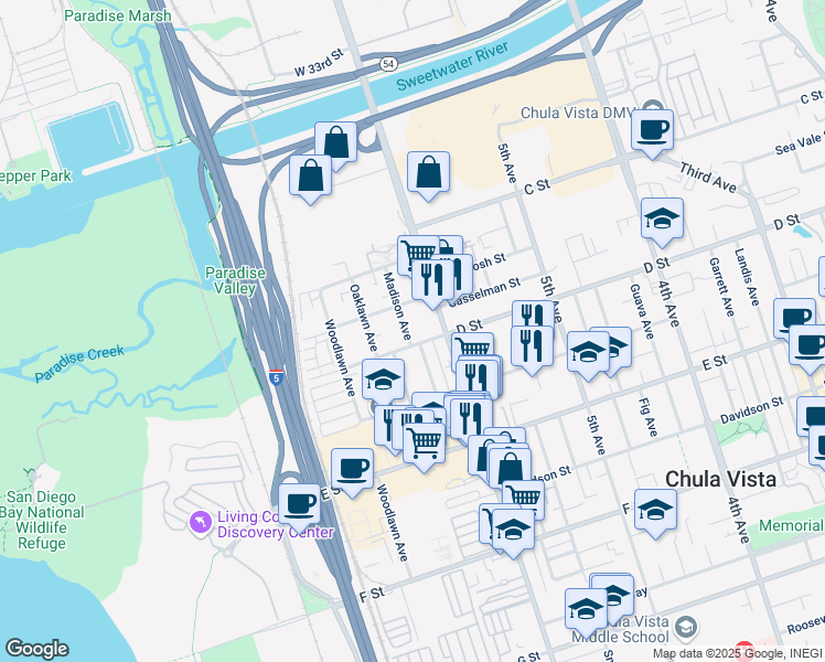 map of restaurants, bars, coffee shops, grocery stores, and more near 623 D Street in Chula Vista