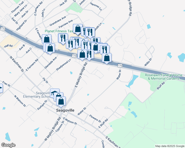 map of restaurants, bars, coffee shops, grocery stores, and more near 340 East Malloy Bridge Road in Seagoville