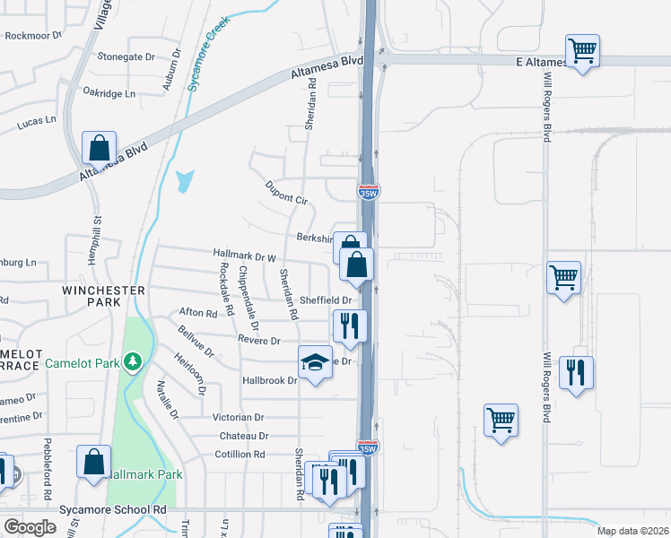 map of restaurants, bars, coffee shops, grocery stores, and more near 6913 Hallmark Drive South in Fort Worth