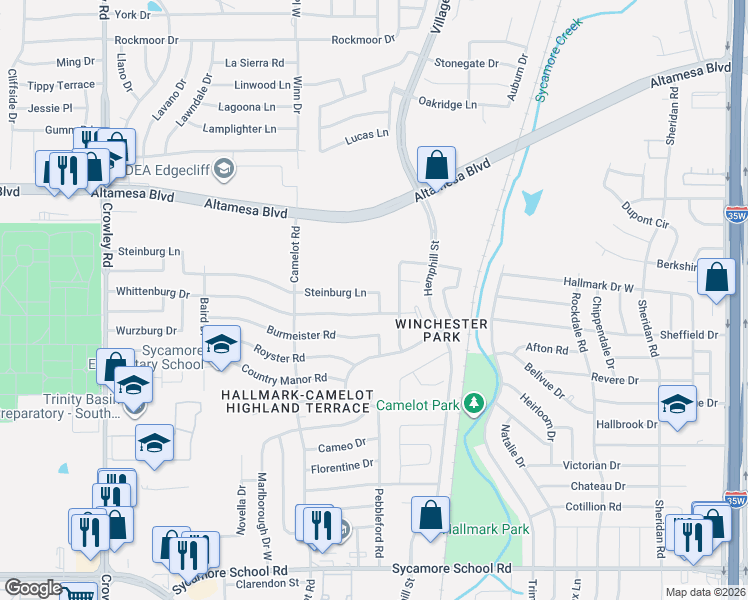 map of restaurants, bars, coffee shops, grocery stores, and more near 1200 Steinburg Lane in Fort Worth