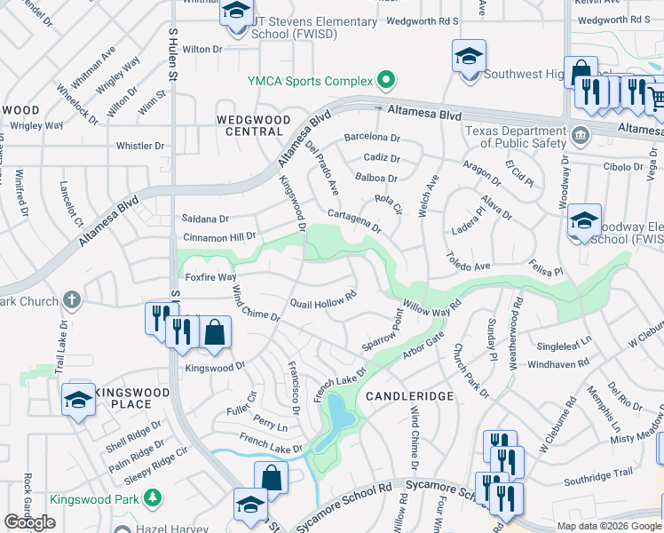 map of restaurants, bars, coffee shops, grocery stores, and more near 4400 Foxfire Way in Fort Worth