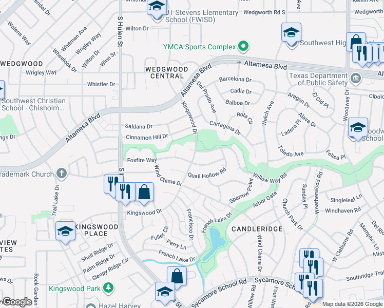 map of restaurants, bars, coffee shops, grocery stores, and more near 4505 Foxfire Way in Fort Worth