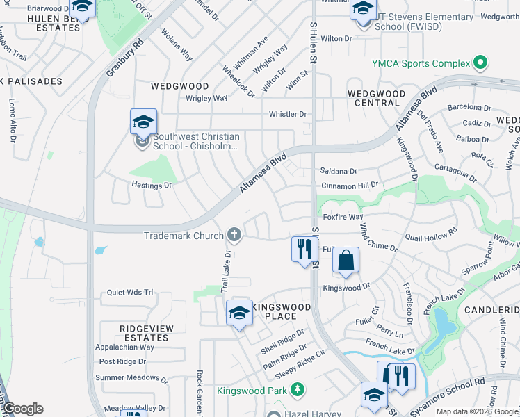 map of restaurants, bars, coffee shops, grocery stores, and more near 4852 Courtside Drive in Fort Worth