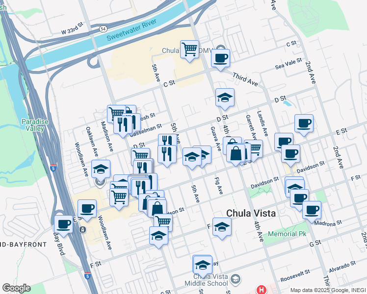 map of restaurants, bars, coffee shops, grocery stores, and more near 497 Flower Street in Chula Vista