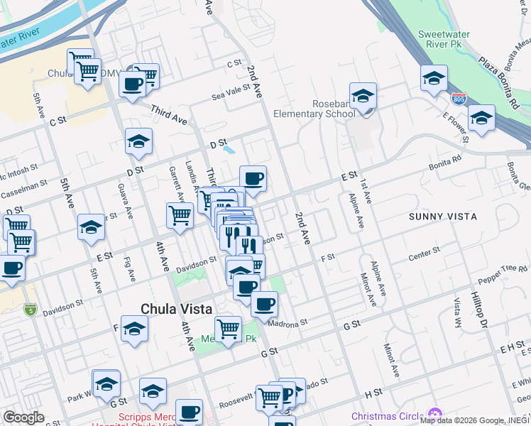 map of restaurants, bars, coffee shops, grocery stores, and more near 211 Del Mar Avenue in Chula Vista