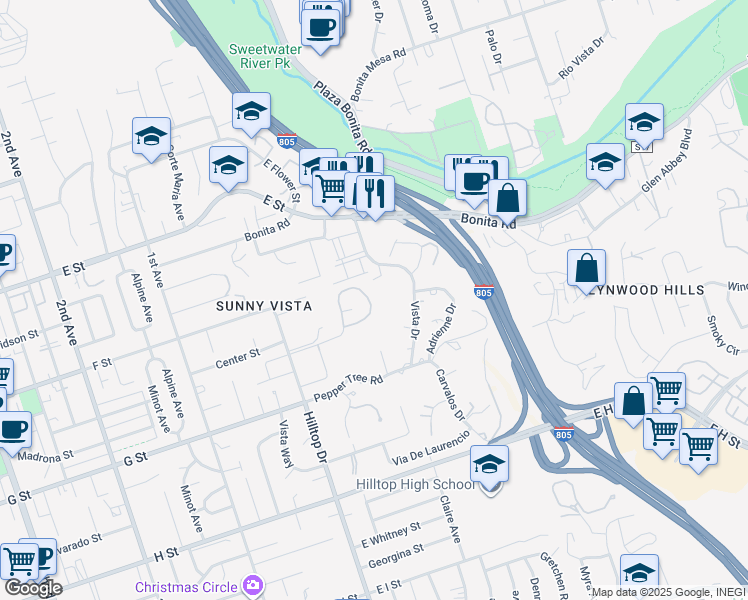 map of restaurants, bars, coffee shops, grocery stores, and more near 101 Lion Circle in Chula Vista