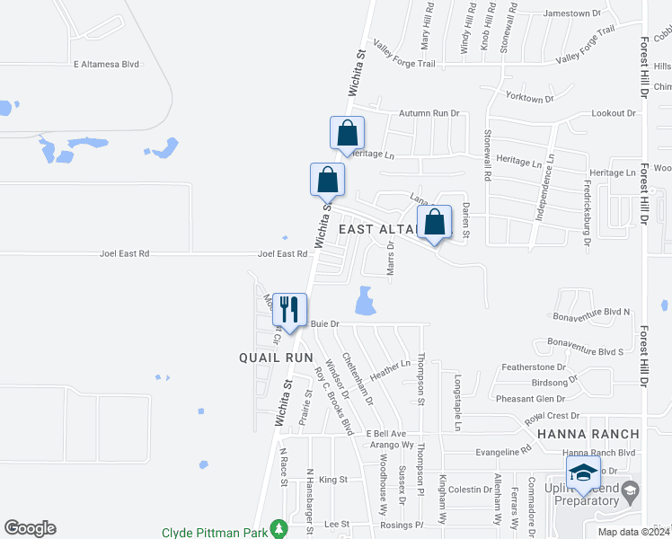 map of restaurants, bars, coffee shops, grocery stores, and more near 7526 Tiffany Meadows Lane in Fort Worth