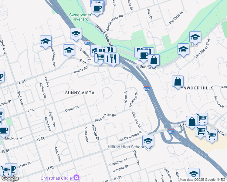 map of restaurants, bars, coffee shops, grocery stores, and more near 101 Lion Circle in Chula Vista