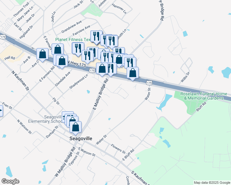 map of restaurants, bars, coffee shops, grocery stores, and more near 340 East Malloy Bridge Road in Seagoville