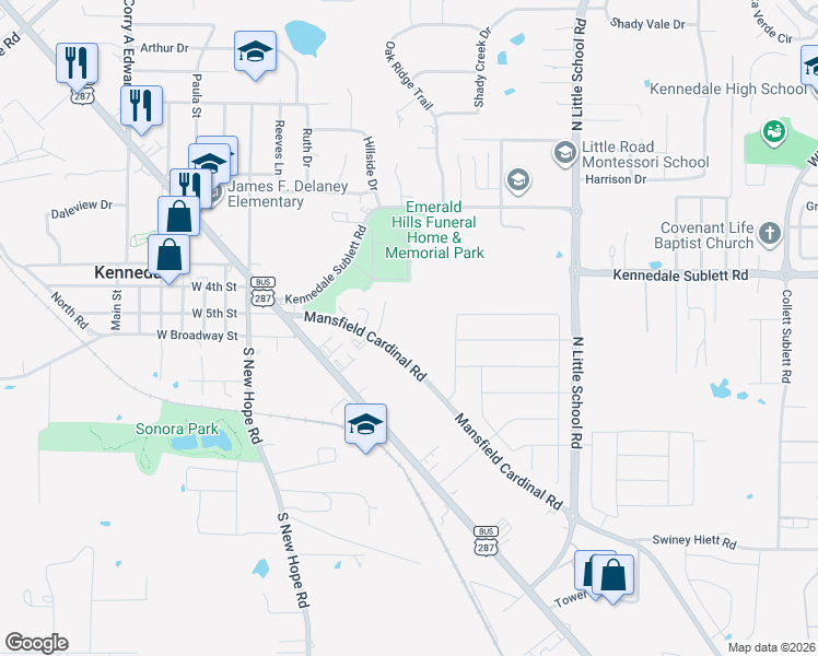 map of restaurants, bars, coffee shops, grocery stores, and more near 449 Mansfield Cardinal Road in Kennedale