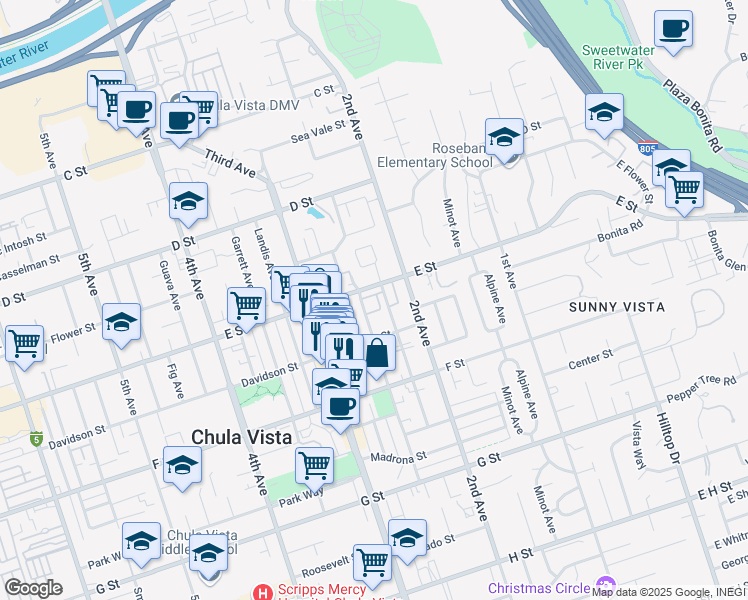 map of restaurants, bars, coffee shops, grocery stores, and more near 230 Twin Oaks Avenue in Chula Vista