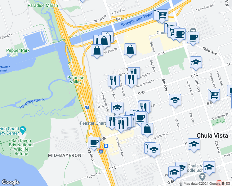 map of restaurants, bars, coffee shops, grocery stores, and more near 87 Oaklawn Avenue in Chula Vista
