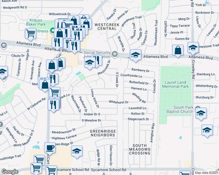map of restaurants, bars, coffee shops, grocery stores, and more near 6815 South Creek Drive in Fort Worth