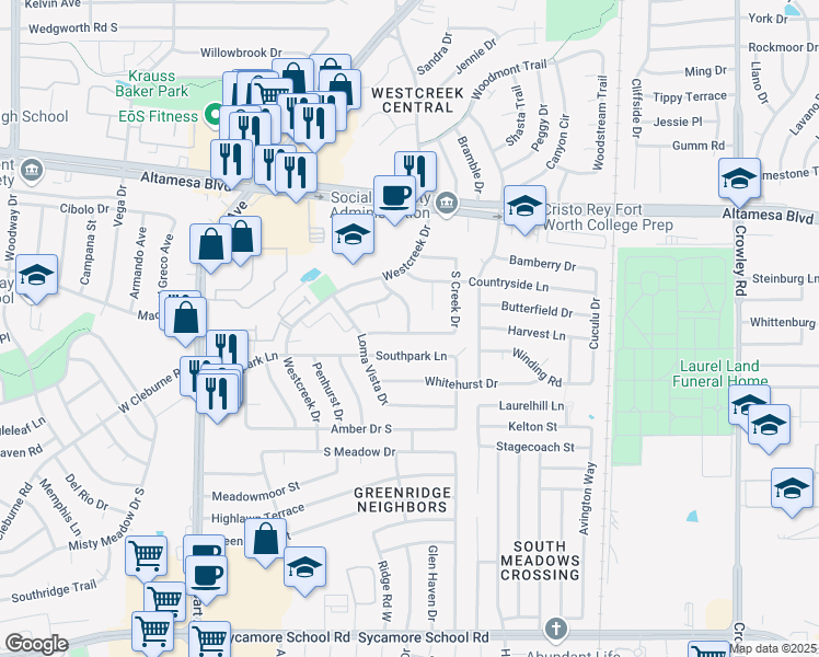 map of restaurants, bars, coffee shops, grocery stores, and more near 6845 South Creek Drive in Fort Worth