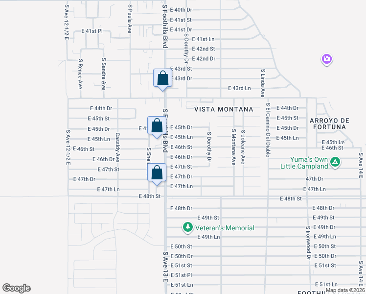 map of restaurants, bars, coffee shops, grocery stores, and more near 12655 East 46th Street in Yuma