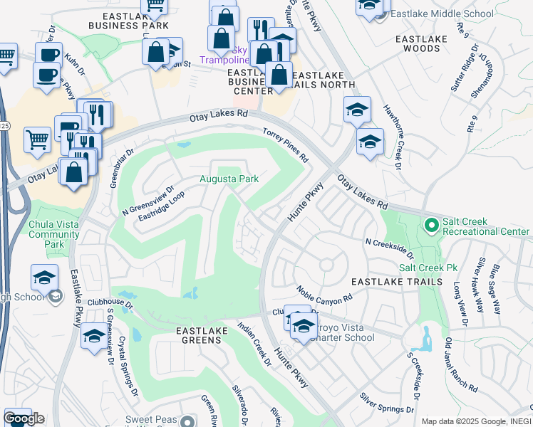 map of restaurants, bars, coffee shops, grocery stores, and more near 1098 Torrey Pines Road in Chula Vista
