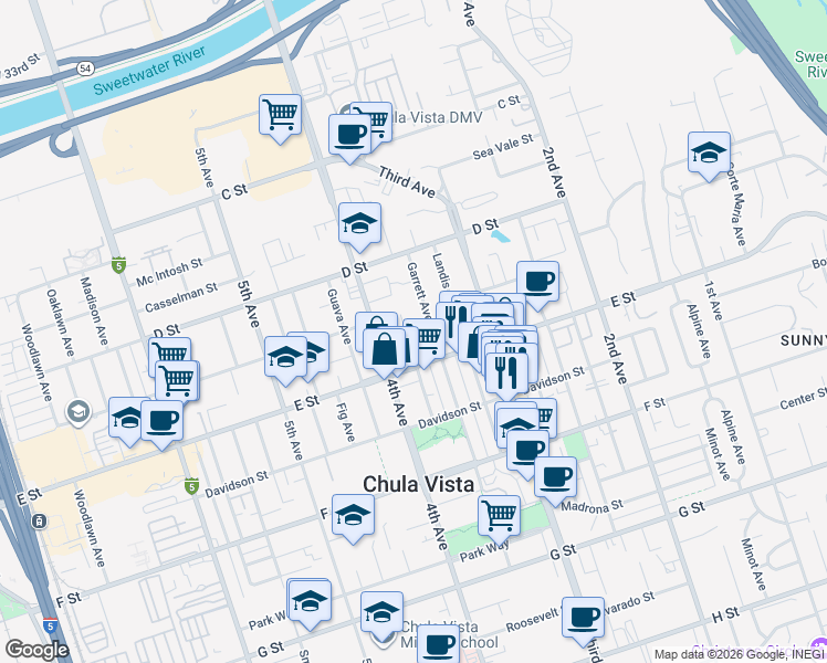map of restaurants, bars, coffee shops, grocery stores, and more near 169 Glover Avenue in Chula Vista