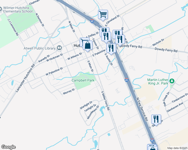 map of restaurants, bars, coffee shops, grocery stores, and more near 203 South Miller Ferry Road in Hutchins