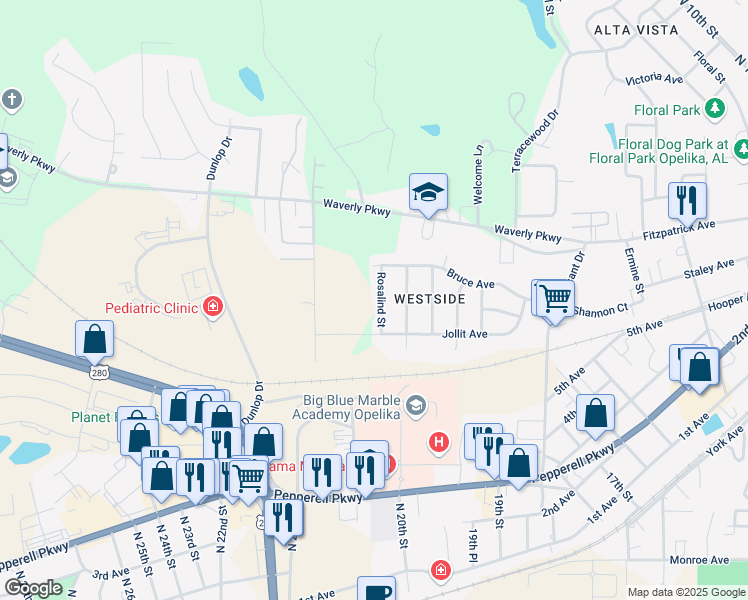 map of restaurants, bars, coffee shops, grocery stores, and more near 700-798 Rosalind St in Opelika