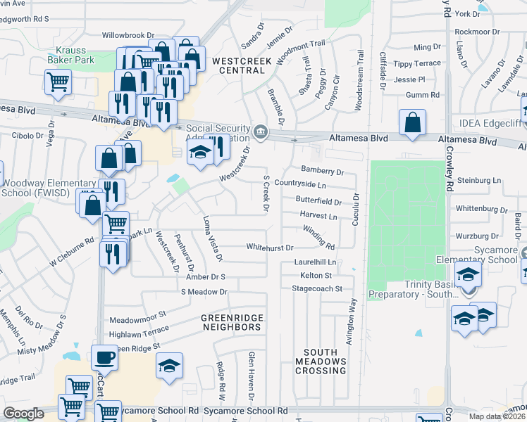 map of restaurants, bars, coffee shops, grocery stores, and more near 6815 South Creek Drive in Fort Worth